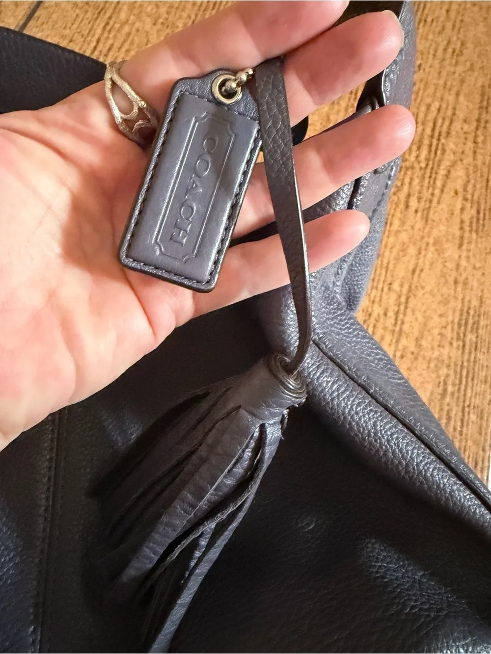 COACH Leather Hobo Shoulder Bag Slate Blue Gray Pebbled Leather Tassel